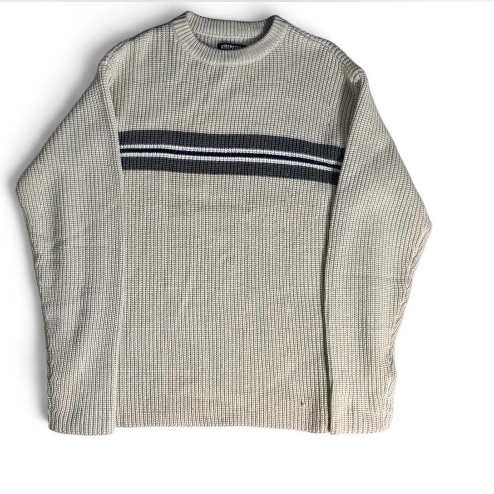 Aeropostale Men's Crewneck Sweater in Beige with Navy Stripes
